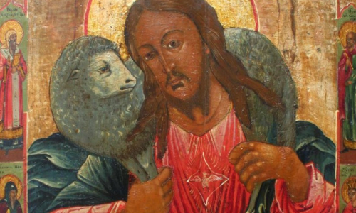 Hyvä paimen ikoni, jossa Kristus kantaa karitsaa hartioillaan